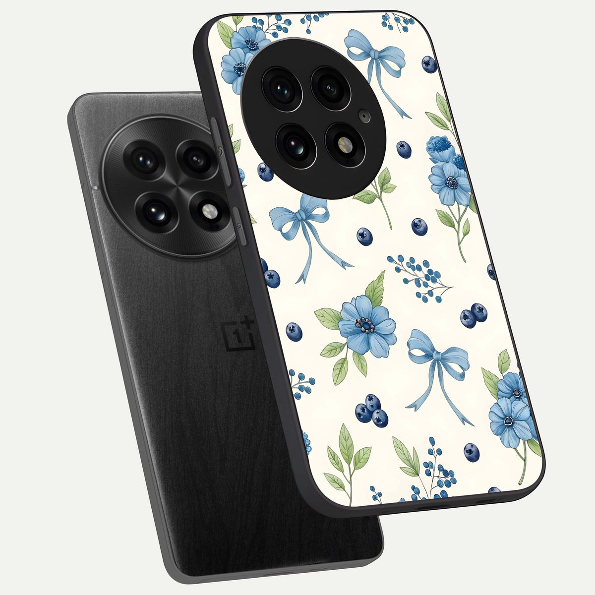  Blue Flower And Bow phone case For OnePlus 13 showing premium glass back cover with detailed artwork