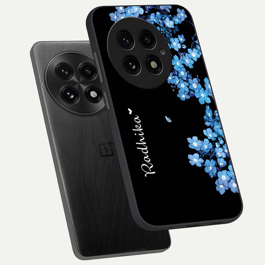  Blue Petal Dream Custom Name phone case For OnePlus 13 showing premium glass back cover with detailed artwork