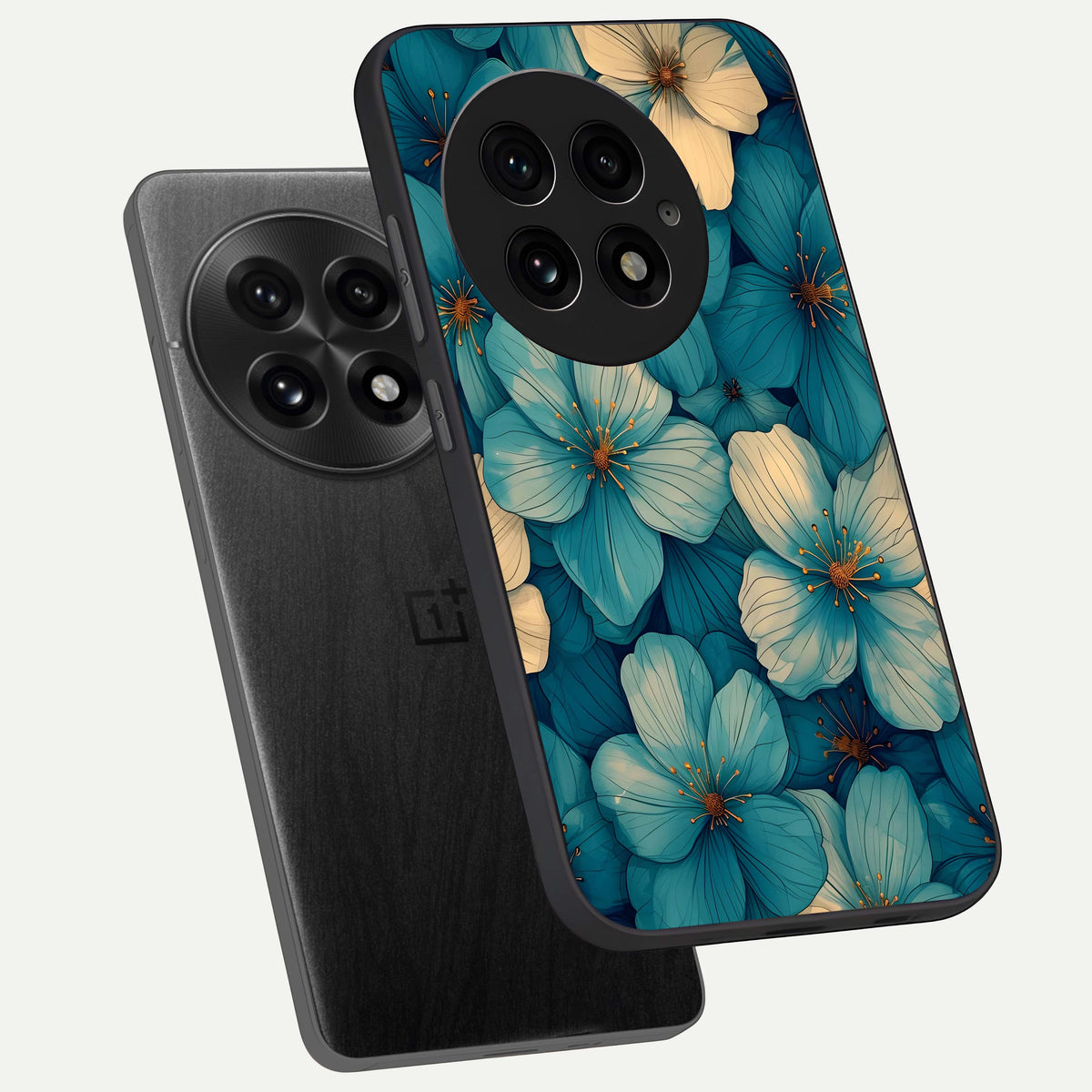  Blue Shade Floral phone case For OnePlus 13 showing premium glass back cover with detailed artwork