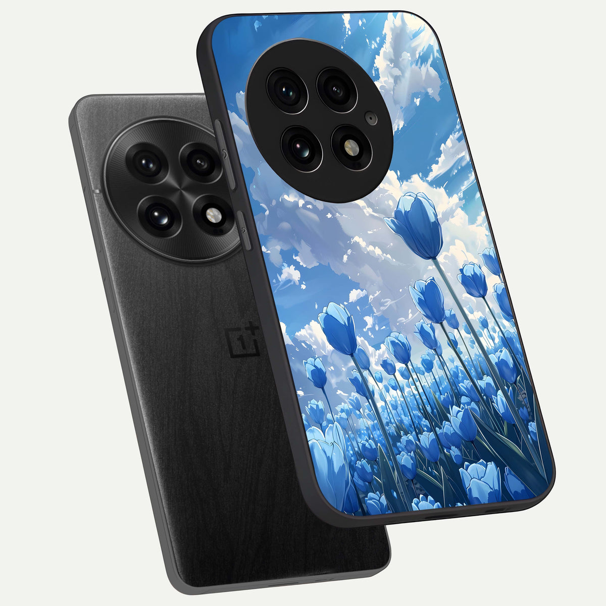  Blue Tulip Clouds phone case For OnePlus 13 showing premium glass back cover with detailed artwork