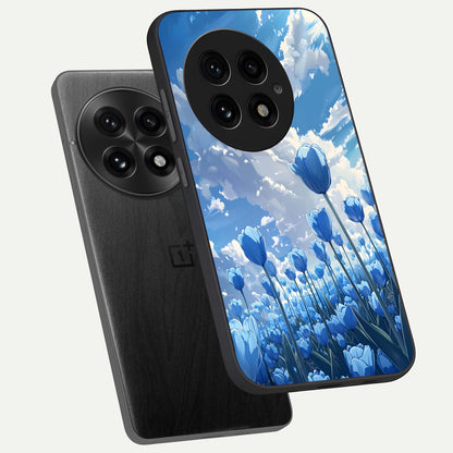  Blue Tulip Clouds phone case For OnePlus 13 showing premium glass back cover with detailed artwork