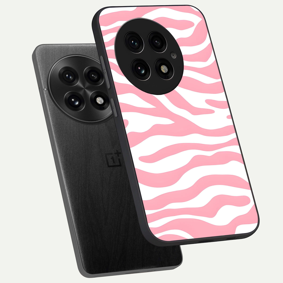  Blush Zebra Flow phone case For OnePlus 13 showing premium glass back cover with detailed artwork