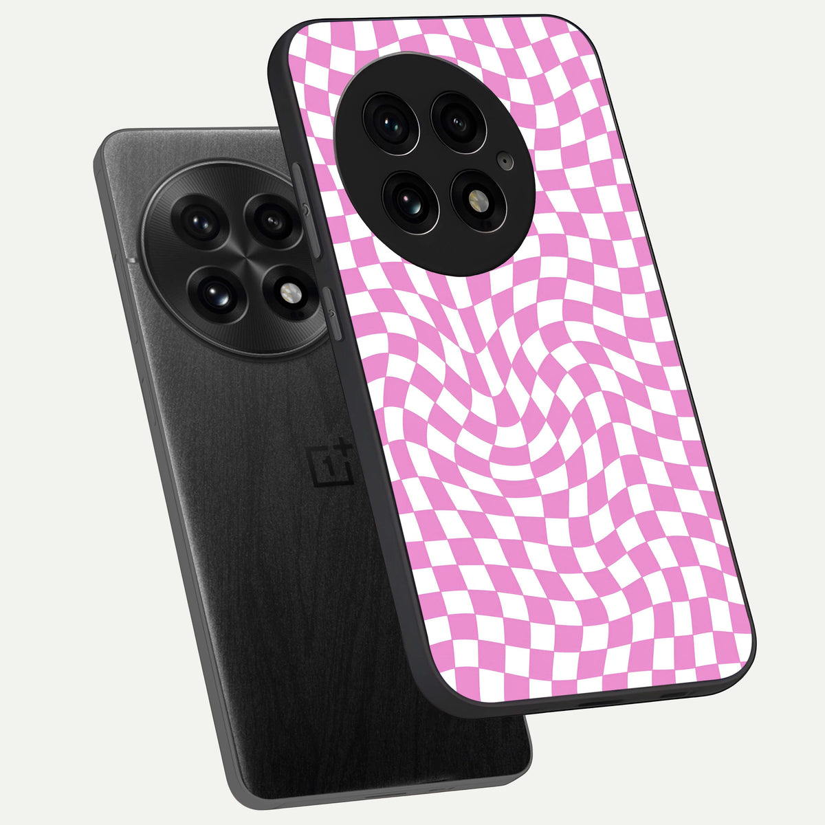  Bubblegum Check Wave phone case For OnePlus 13 showing premium glass back cover with detailed artwork