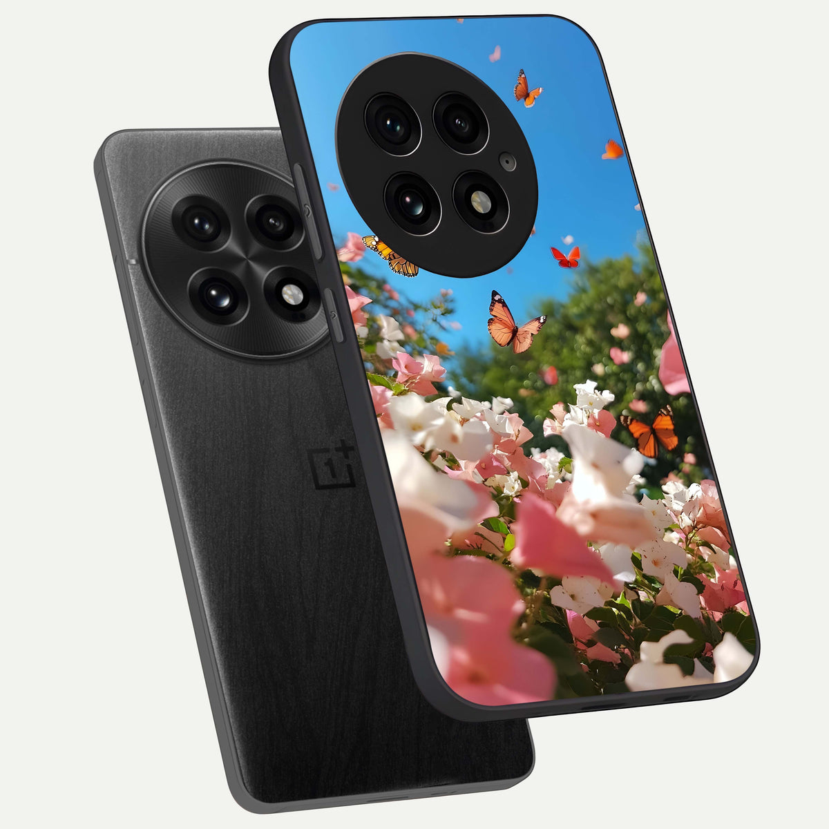  Butterflies In Bloom Sky phone case For OnePlus 13 showing premium glass back cover with detailed artwork