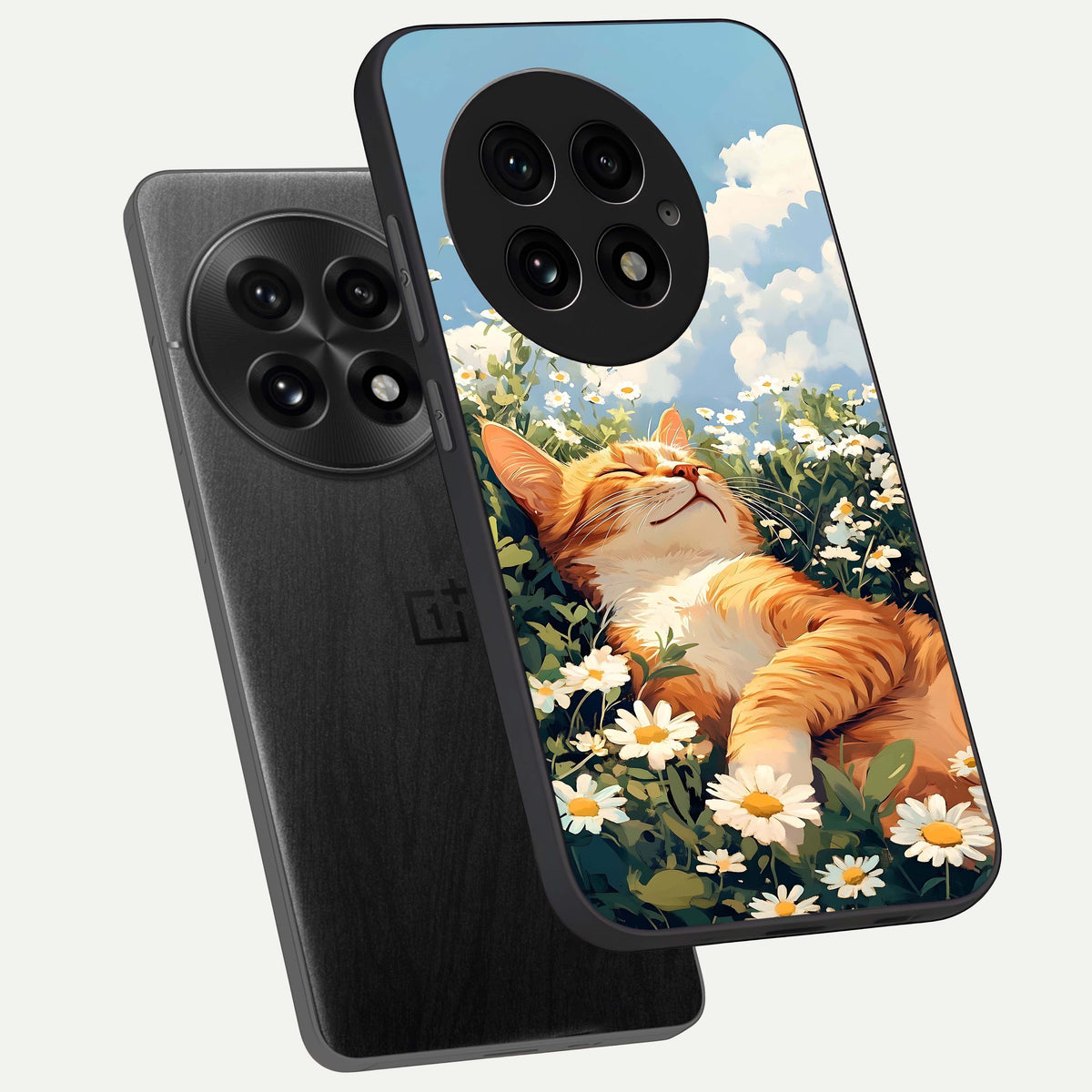  Cat And Flowers View phone case For OnePlus 13 showing premium glass back cover with detailed artwork