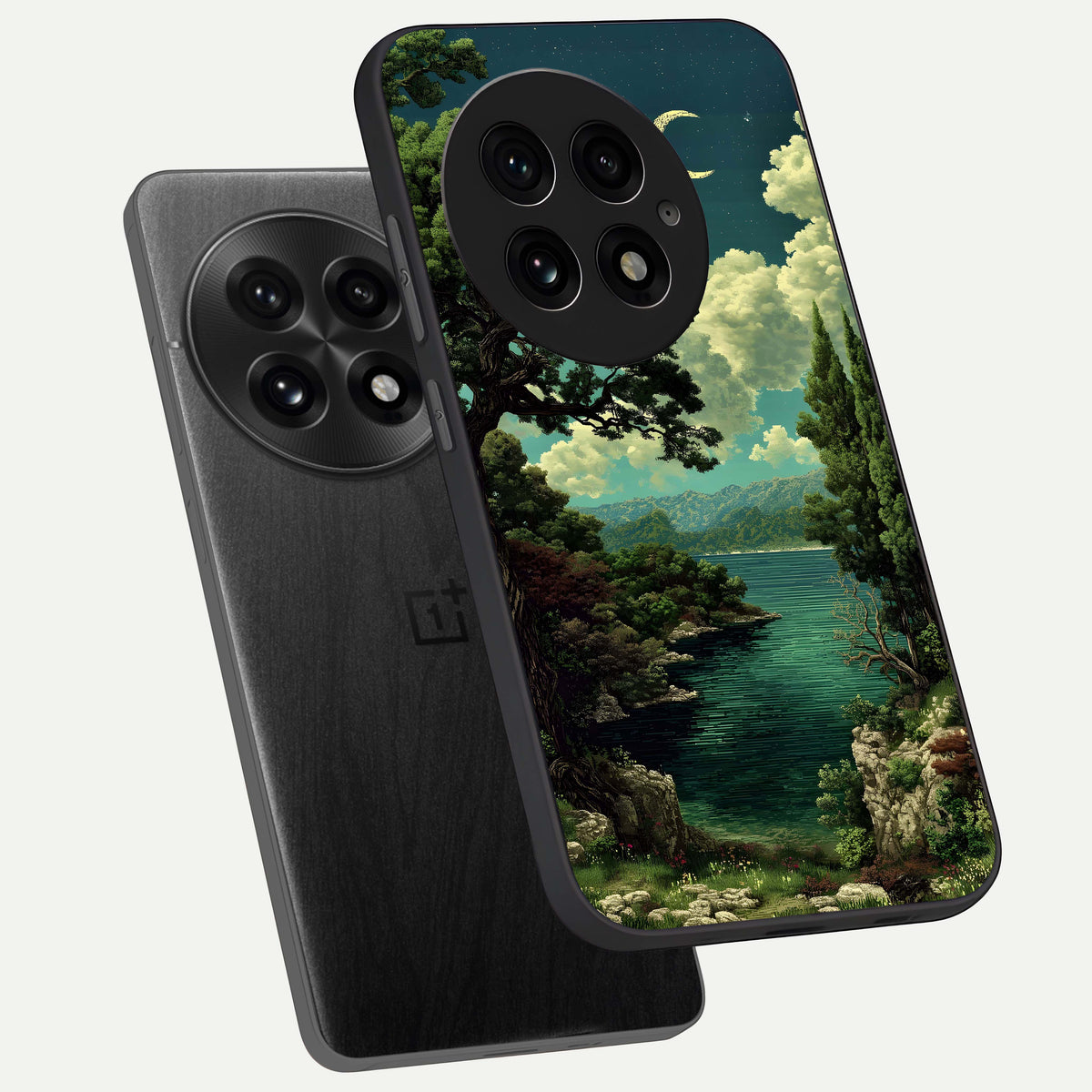 Celestial Lake Peace phone case For OnePlus 13 showing premium glass back cover with detailed artwork