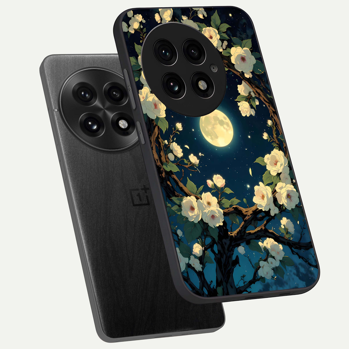  Celestial Moon And Flower phone case For OnePlus 13 showing premium glass back cover with detailed artwork