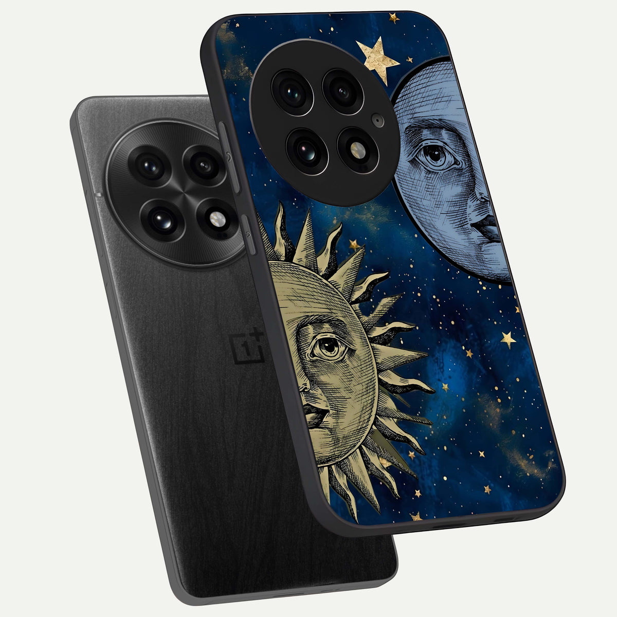  Celestial Moon With Sun phone case For OnePlus 13 showing premium glass back cover with detailed artwork
