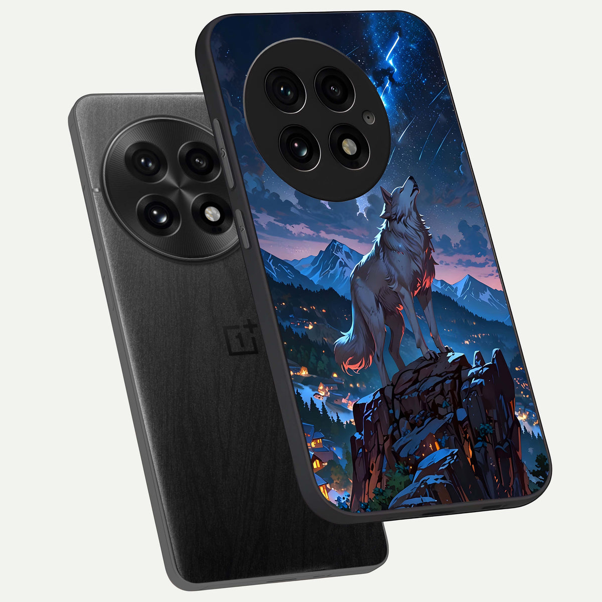  Celestial Wolf Howl phone case For OnePlus 13 showing premium glass back cover with detailed artwork