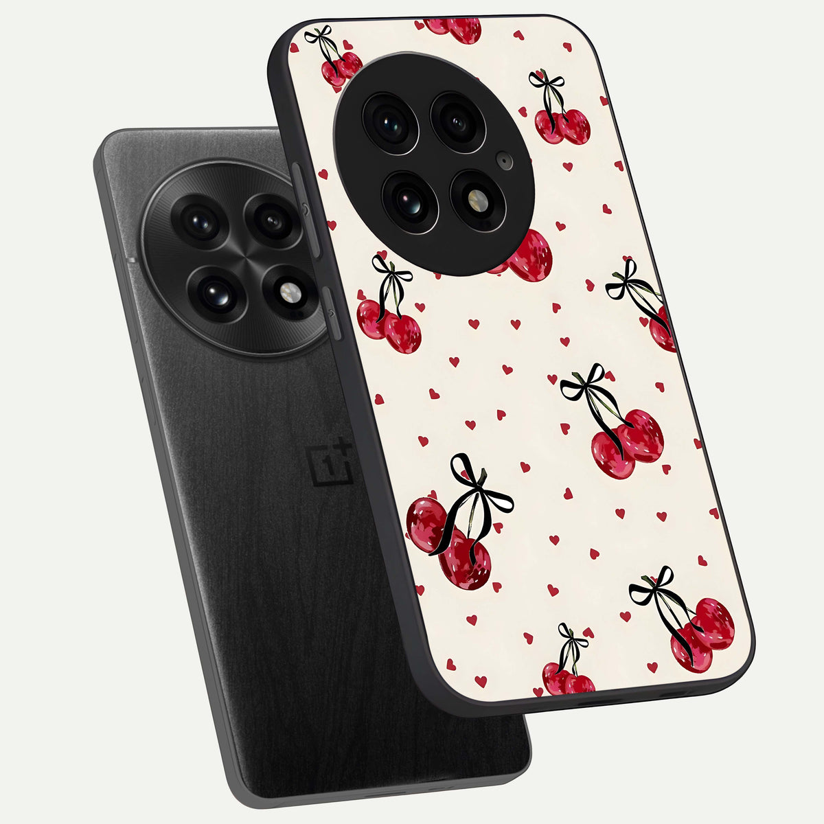  Cherry Heart Bow phone case For OnePlus 13 showing premium glass back cover with detailed artwork