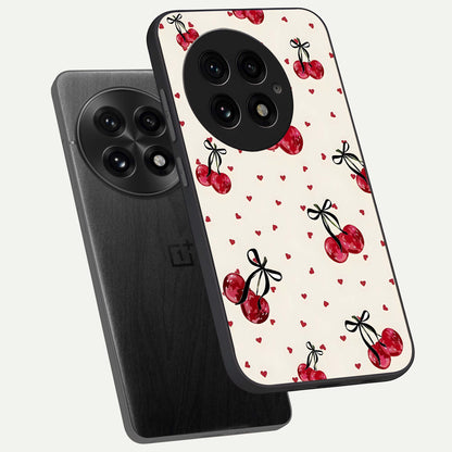 Cherry Heart Bow phone case For OnePlus 13 showing premium glass back cover with detailed artwork