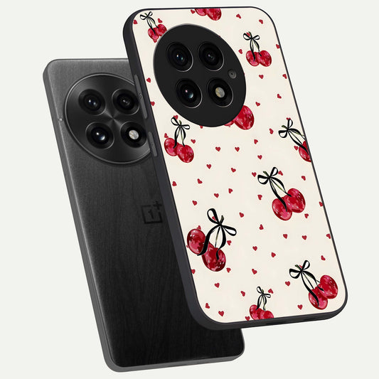  Cherry Heart Bow phone case For OnePlus 13 showing premium glass back cover with detailed artwork