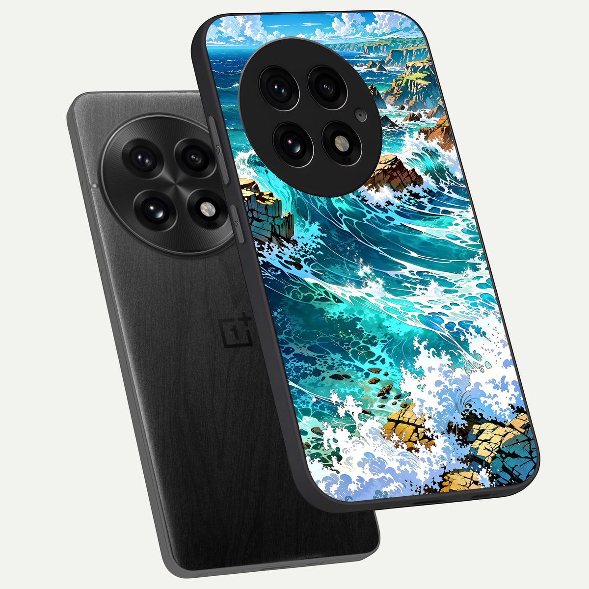  Coastal Blue Waves phone case For OnePlus 13 showing premium glass back cover with detailed artwork