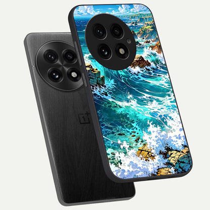  Coastal Blue Waves phone case For OnePlus 13 showing premium glass back cover with detailed artwork