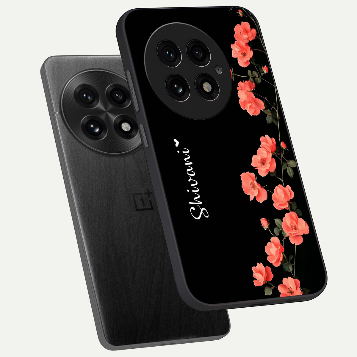  Crimson Bloom Grace Custom Name phone case For OnePlus 13 showing premium glass back cover with detailed artwork
