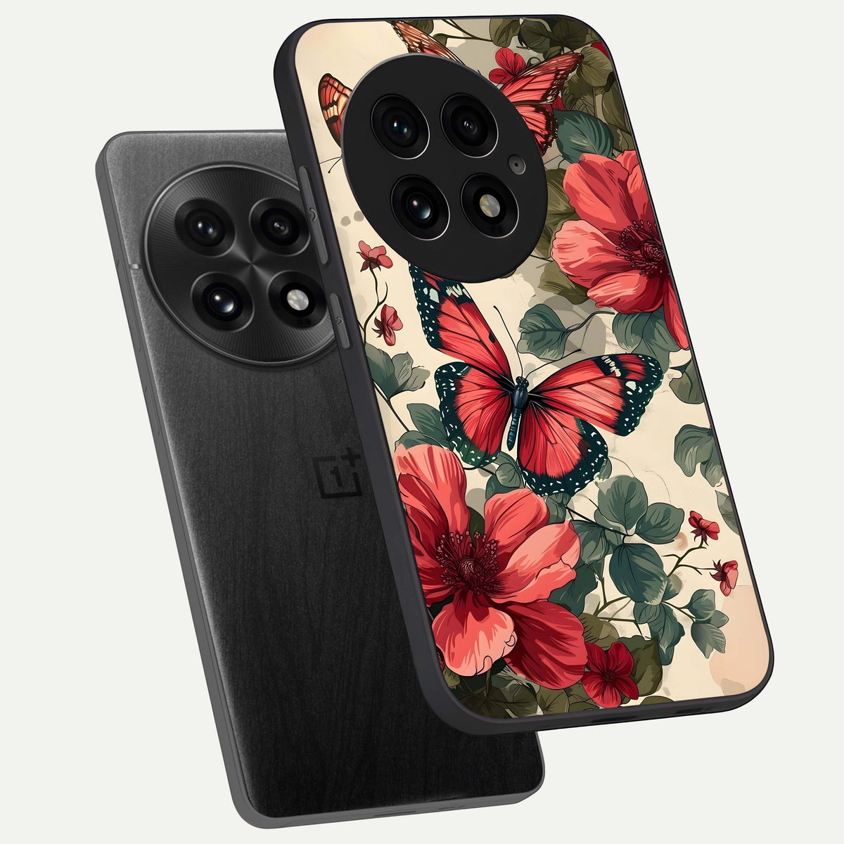  Crimson Butterfly Garden phone case For OnePlus 13 showing premium glass back cover with detailed artwork