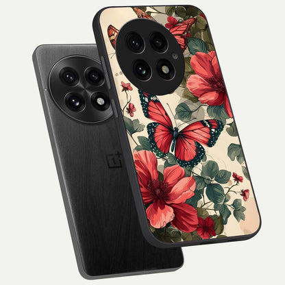  Crimson Butterfly Garden phone case For OnePlus 13 showing premium glass back cover with detailed artwork