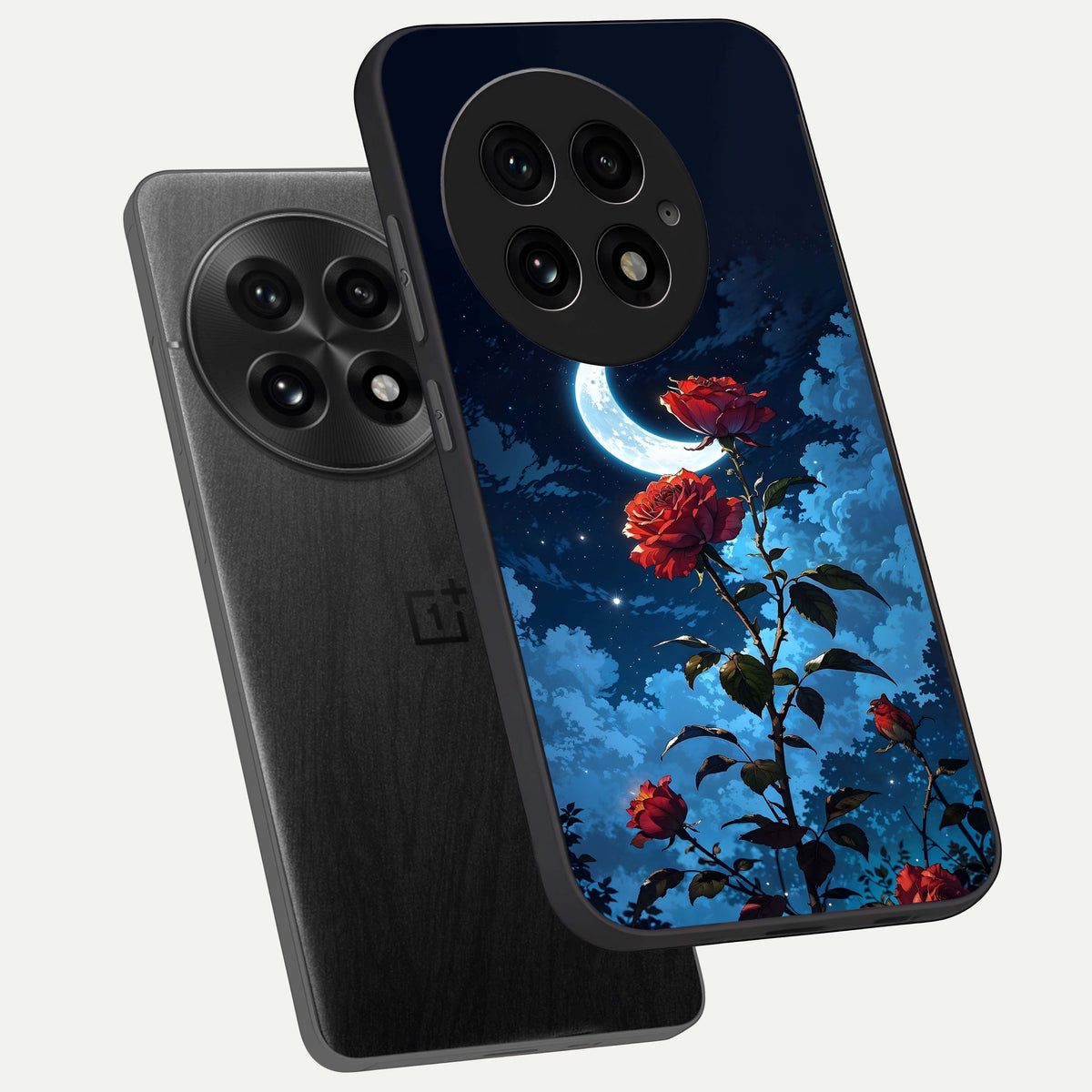  Crimson Rose Moon phone case For OnePlus 13 showing premium glass back cover with detailed artwork