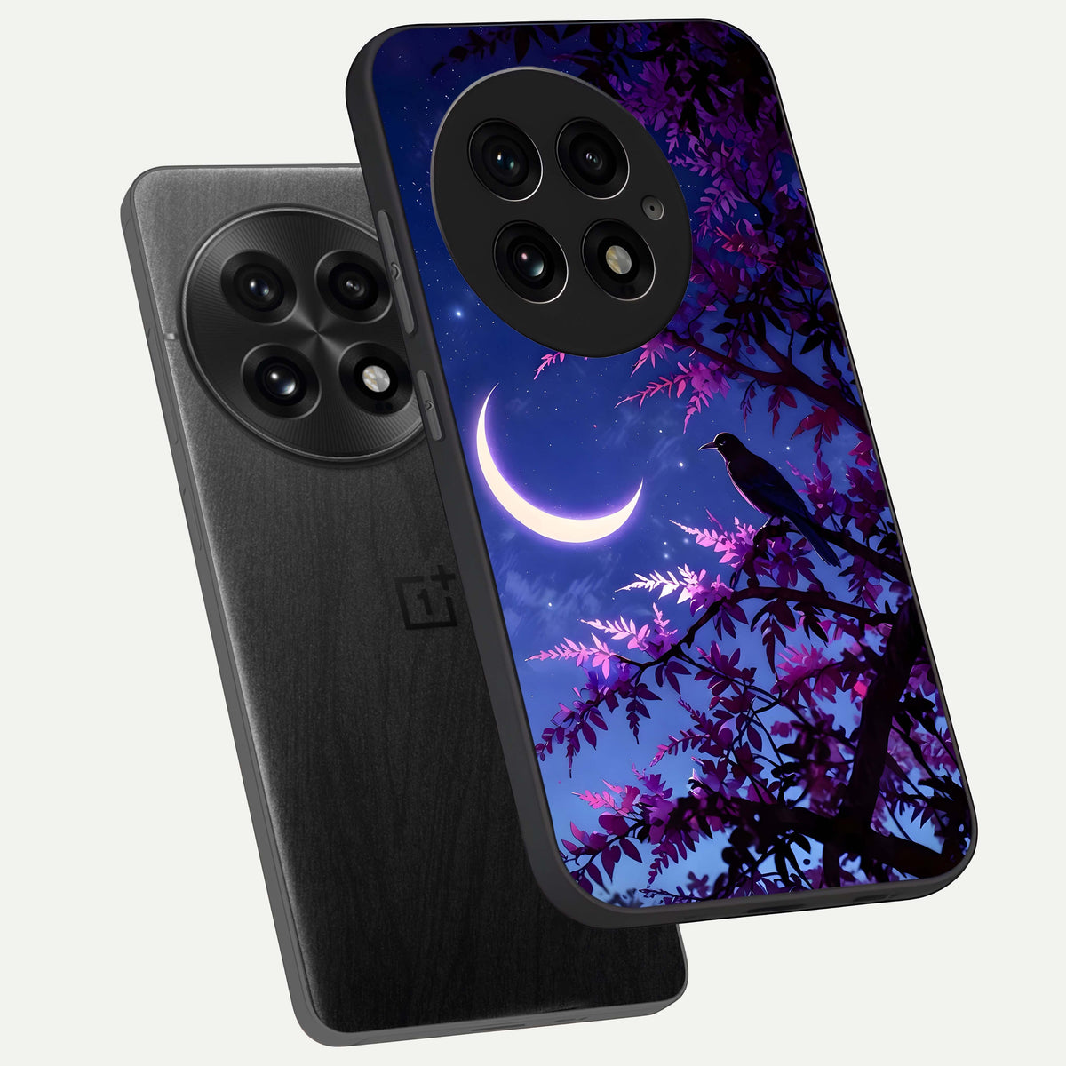  Crow And Moon Scenery phone case For OnePlus 13 showing premium glass back cover with detailed artwork