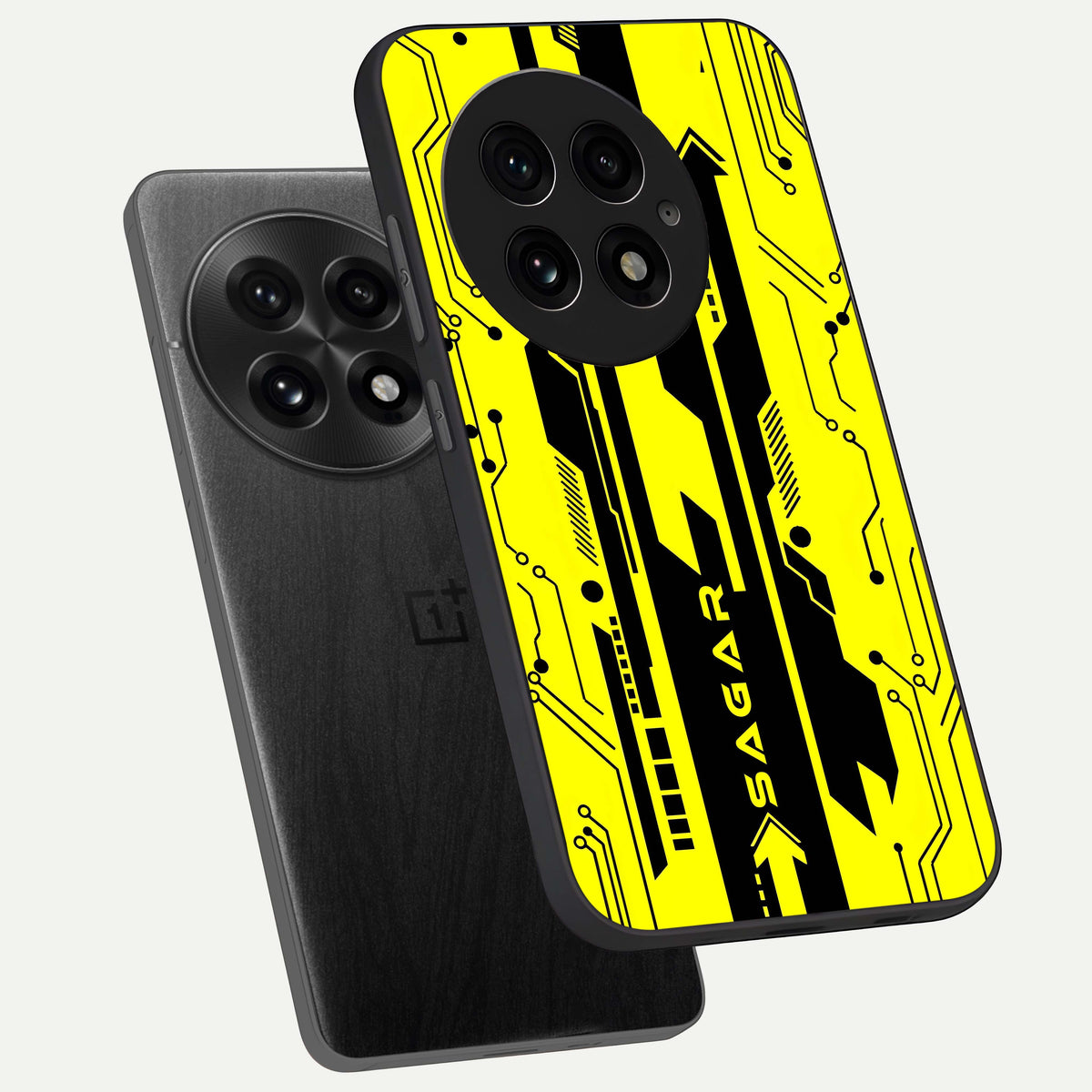  Electric Pulse CYBERPUNK Custom Name phone case For OnePlus 13 showing premium glass back cover with detailed artwork