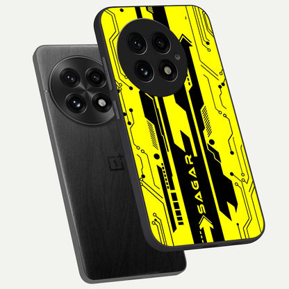  Electric Pulse CYBERPUNK Custom Name phone case For OnePlus 13 showing premium glass back cover with detailed artwork