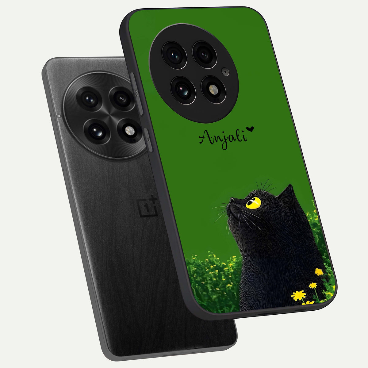  Emerald Cat Custom Name phone case For OnePlus 13 showing premium glass back cover with detailed artwork