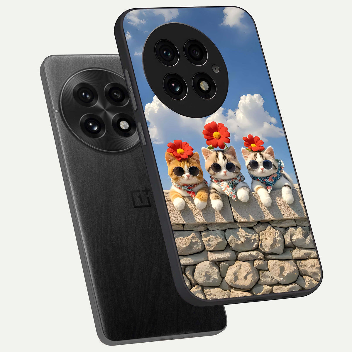  Floral Kitty Squad phone case For OnePlus 13 showing premium glass back cover with detailed artwork
