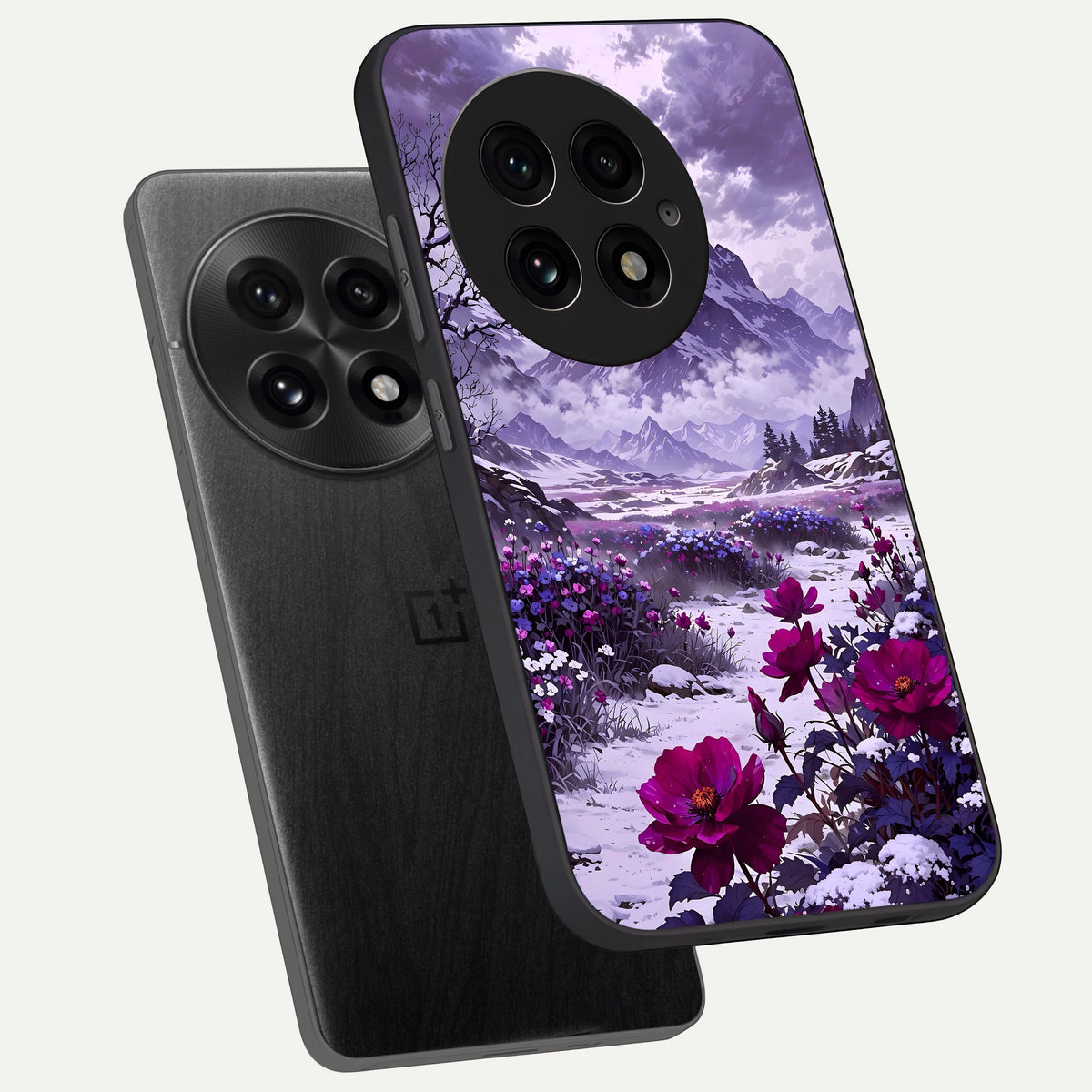  Flower Mountain View phone case For OnePlus 13 showing premium glass back cover with detailed artwork