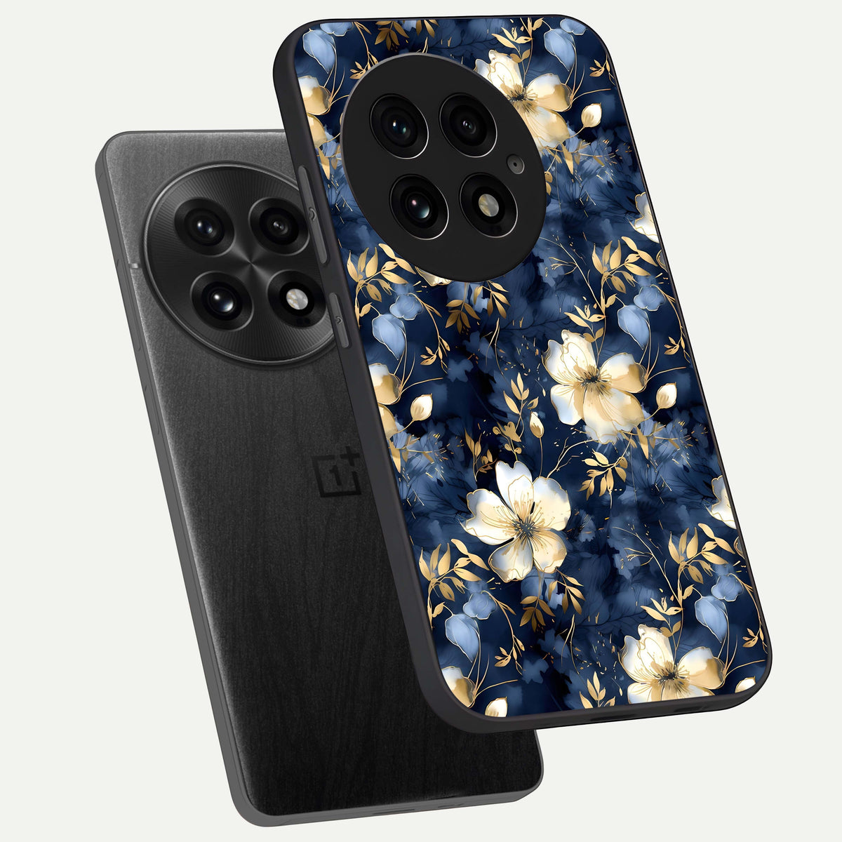  Golden Midnight Bloom phone case For OnePlus 13 showing premium glass back cover with detailed artwork