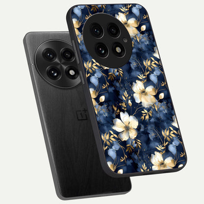  Golden Midnight Bloom phone case For OnePlus 13 showing premium glass back cover with detailed artwork