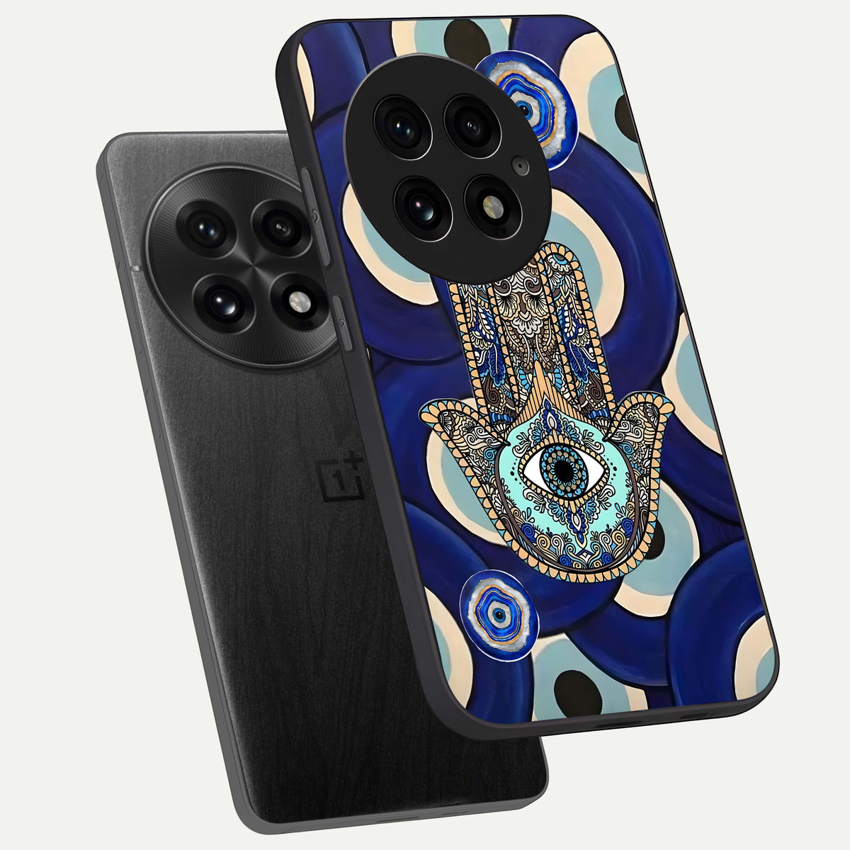 Hamsa Divine Guard phone case For OnePlus 13 showing premium glass back cover with detailed artwork