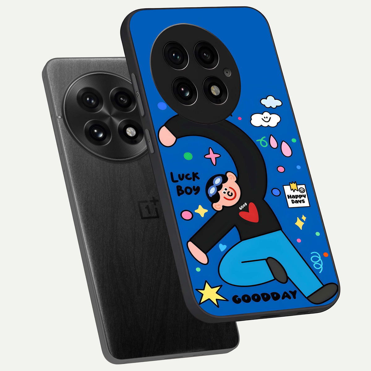  Happy Luck Vibe phone case For OnePlus 13 showing premium glass back cover with detailed artwork