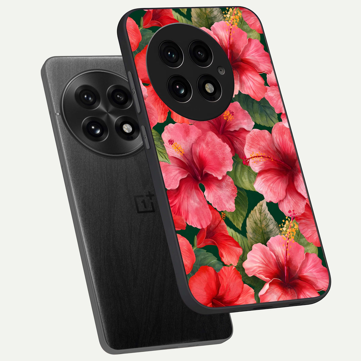  Hibiscus Pattern phone case For OnePlus 13 showing premium glass back cover with detailed artwork
