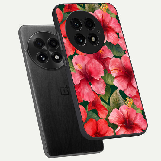  Hibiscus Pattern phone case For OnePlus 13 showing premium glass back cover with detailed artwork
