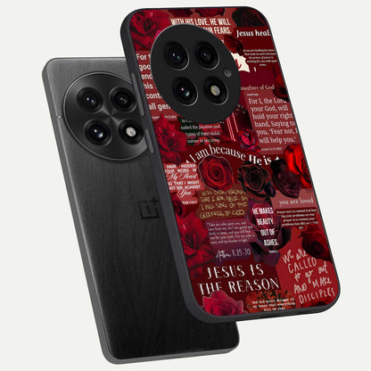  Jesus Love Heals phone case For OnePlus 13 showing premium glass back cover with detailed artwork