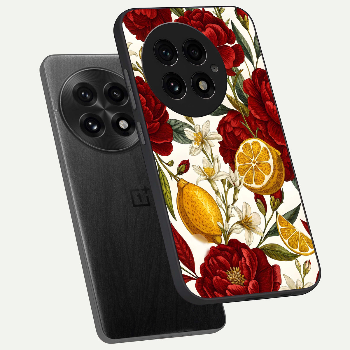  Lemon Rose Charm phone case For OnePlus 13 showing premium glass back cover with detailed artwork