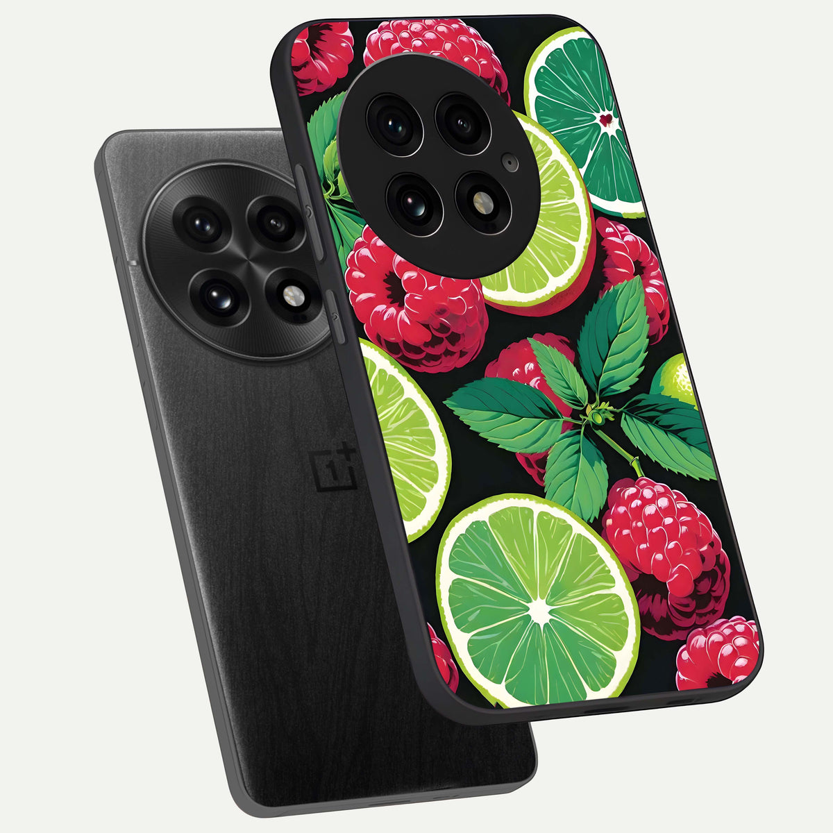  Lime and Raspberry Pattern phone case For OnePlus 13 showing premium glass back cover with detailed artwork