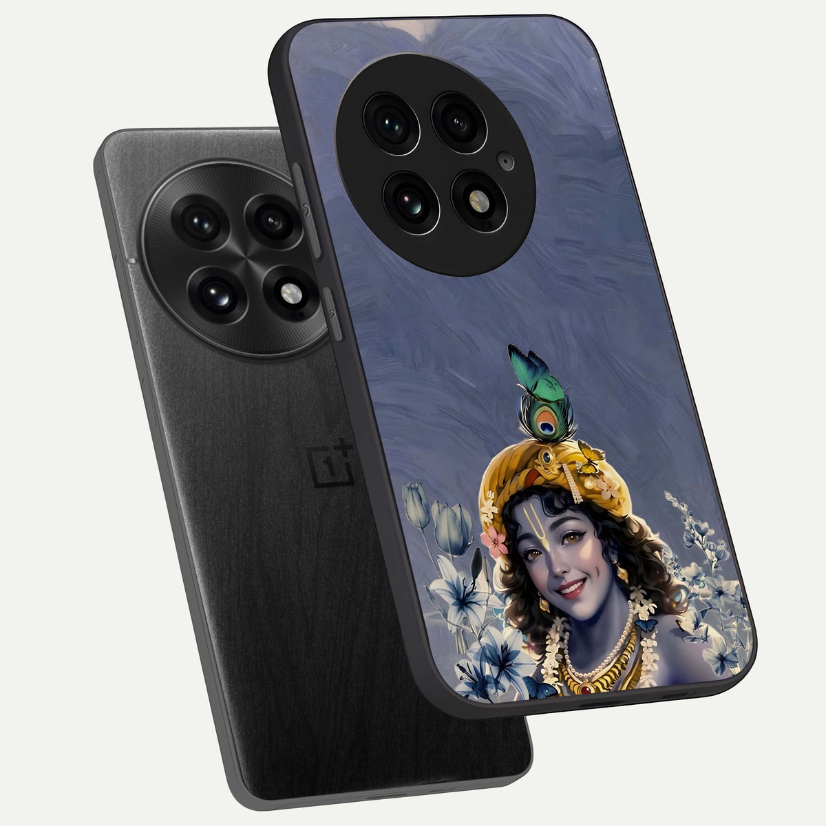  Lord Krishna phone case For OnePlus 13 showing premium glass back cover with detailed artwork
