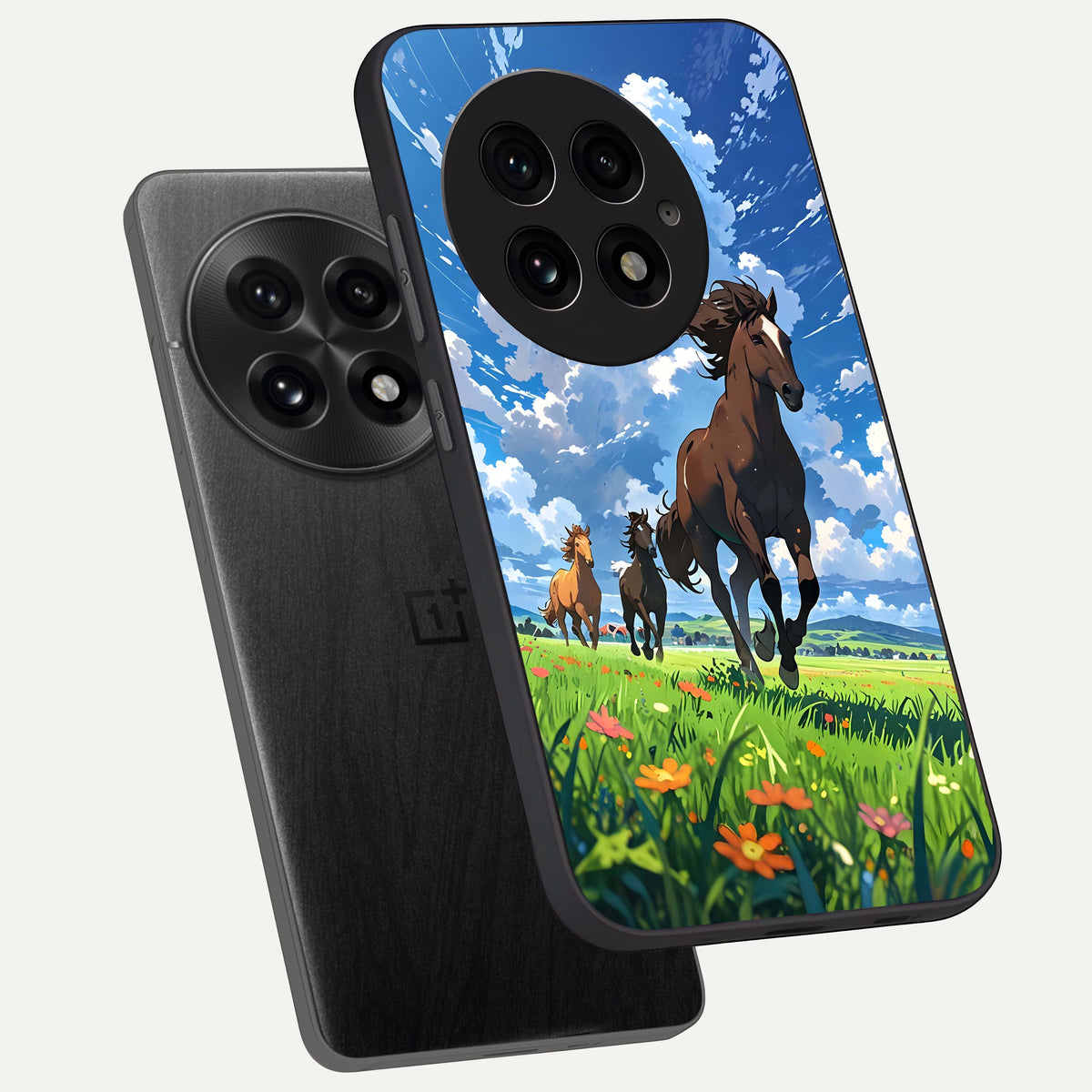  Majestic Horses Galloping phone case For OnePlus 13 showing premium glass back cover with detailed artwork