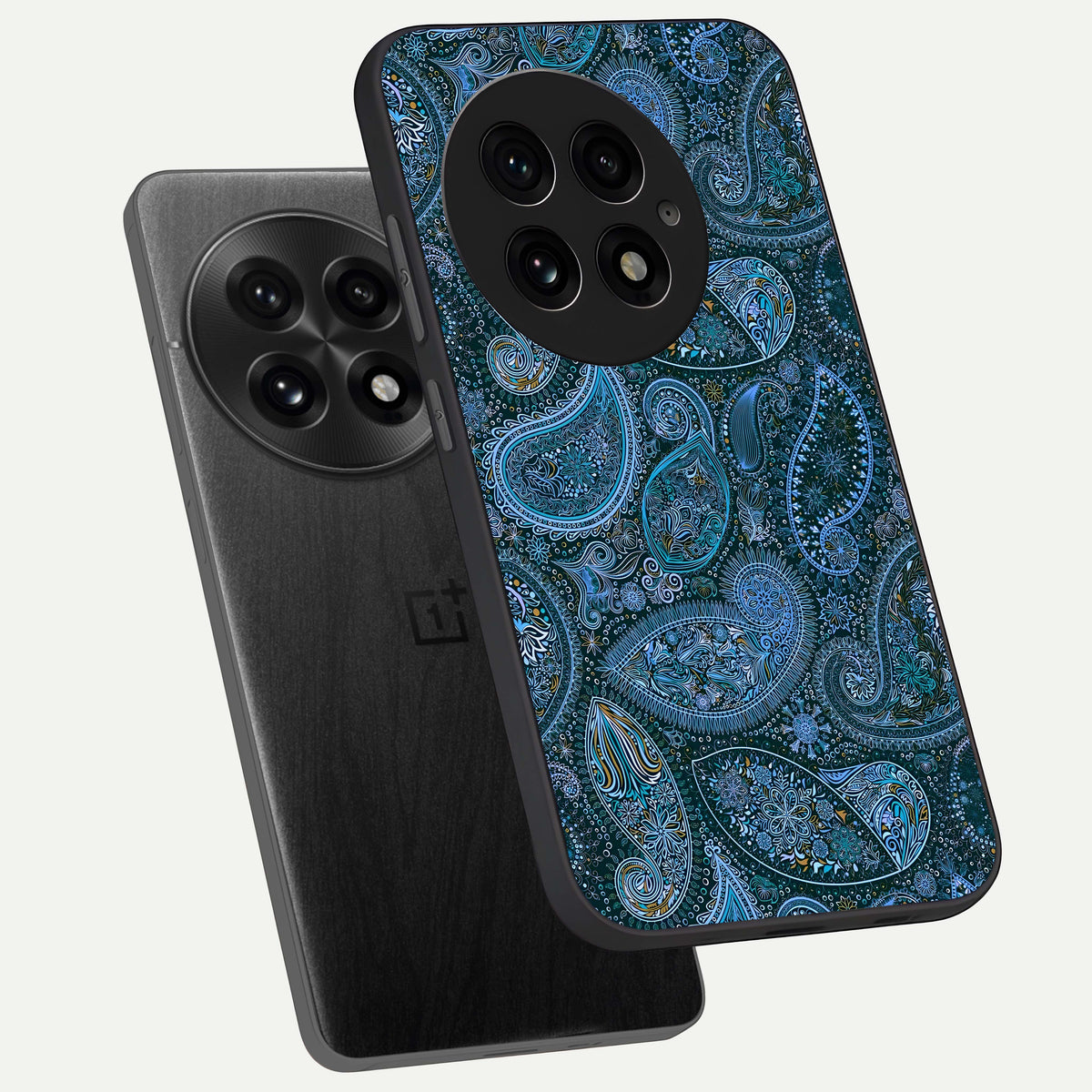  Midnight Paisley Glow phone case For OnePlus 13 showing premium glass back cover with detailed artwork