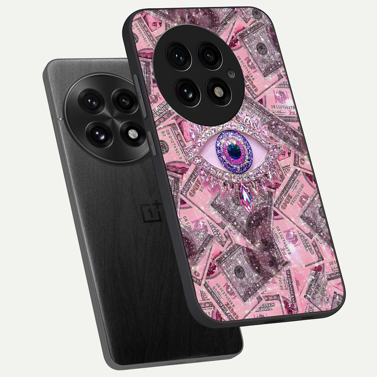 Money Eye Luxe phone case For OnePlus 13 showing premium glass back cover with detailed artwork