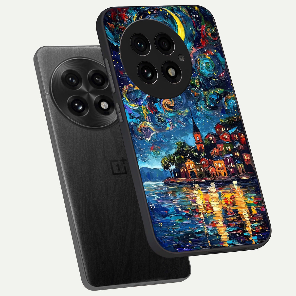  Moonlight Harbor Glow phone case For OnePlus 13 showing premium glass back cover with detailed artwork