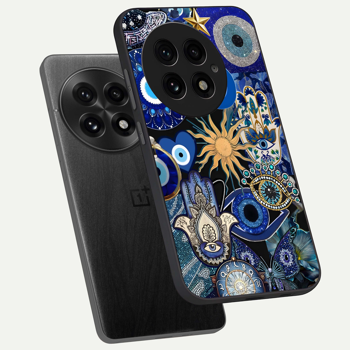  Mystic Blue Evil Eye phone case For OnePlus 13 showing premium glass back cover with detailed artwork