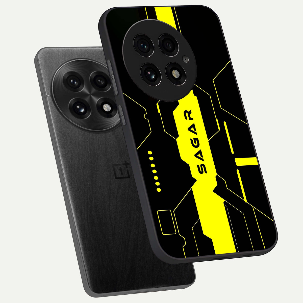  Neon CYBERPUNK Custom Name phone case For OnePlus 13 showing premium glass back cover with detailed artwork