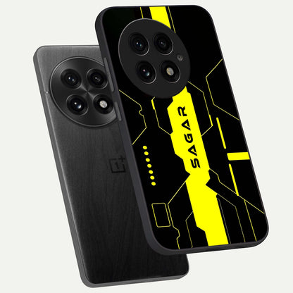  Neon CYBERPUNK Custom Name phone case For OnePlus 13 showing premium glass back cover with detailed artwork