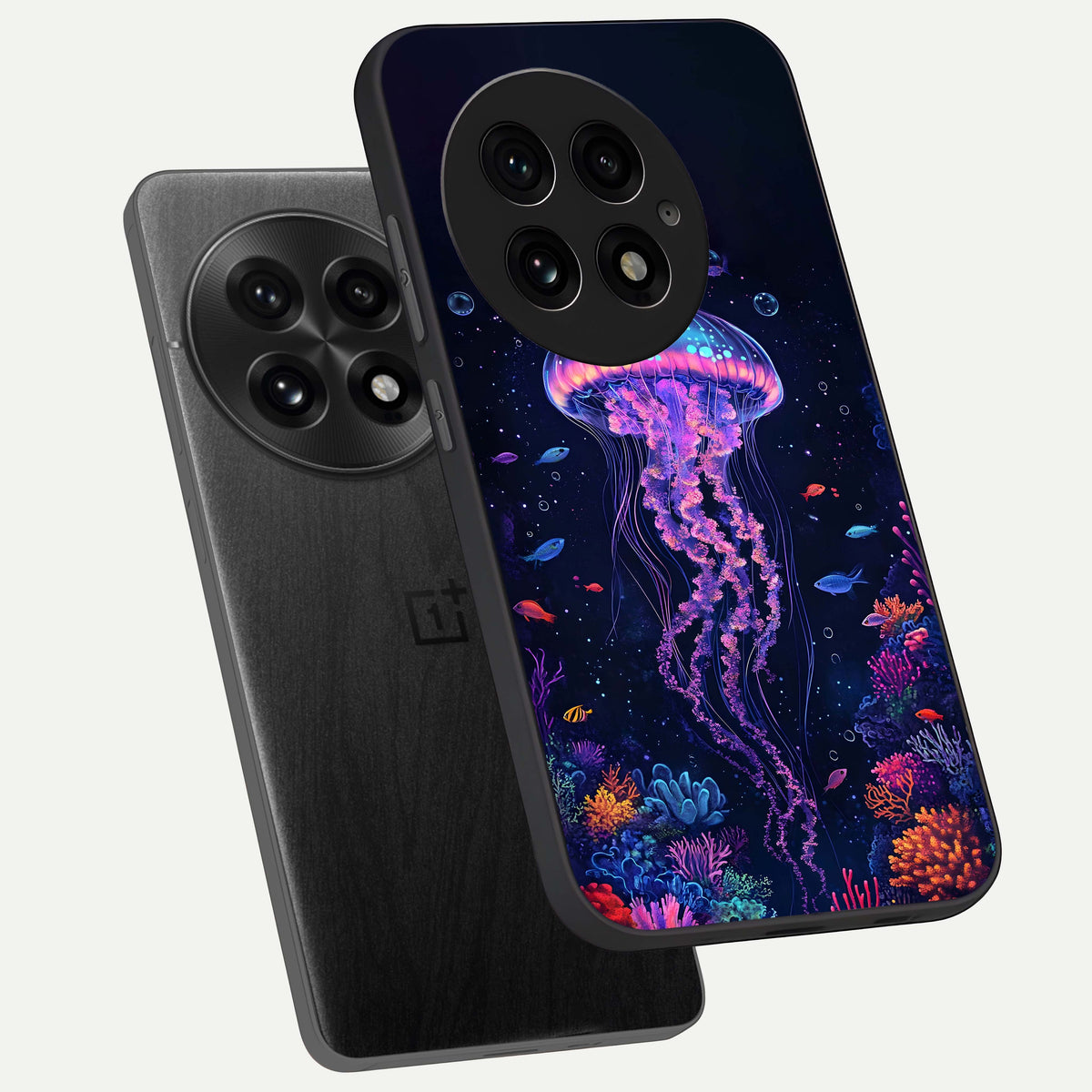  Neon Jellyfish phone case For OnePlus 13 showing premium glass back cover with detailed artwork