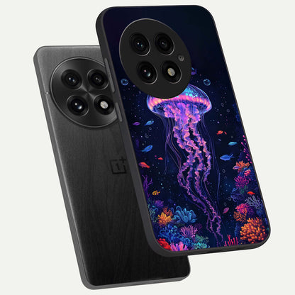  Neon Jellyfish phone case For OnePlus 13 showing premium glass back cover with detailed artwork
