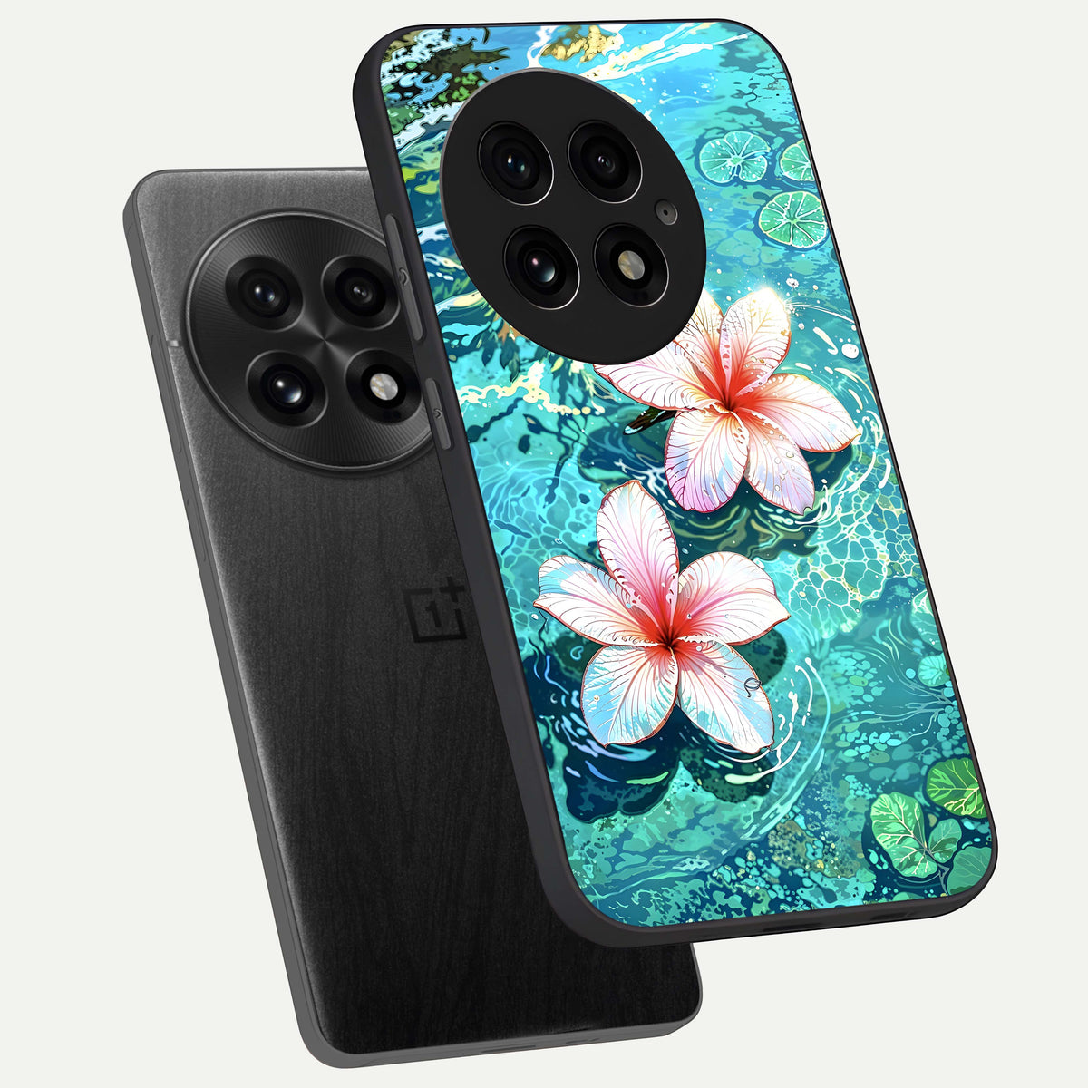  Pink Flowers in Water phone case For OnePlus 13 showing premium glass back cover with detailed artwork