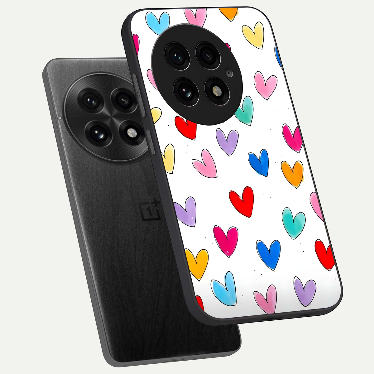  Playful Love Doodles phone case For OnePlus 13 showing premium glass back cover with detailed artwork