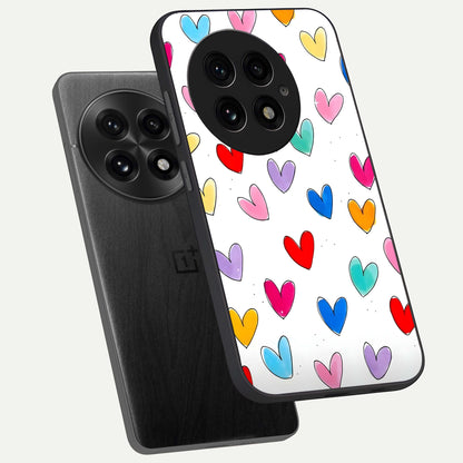  Playful Love Doodles phone case For OnePlus 13 showing premium glass back cover with detailed artwork